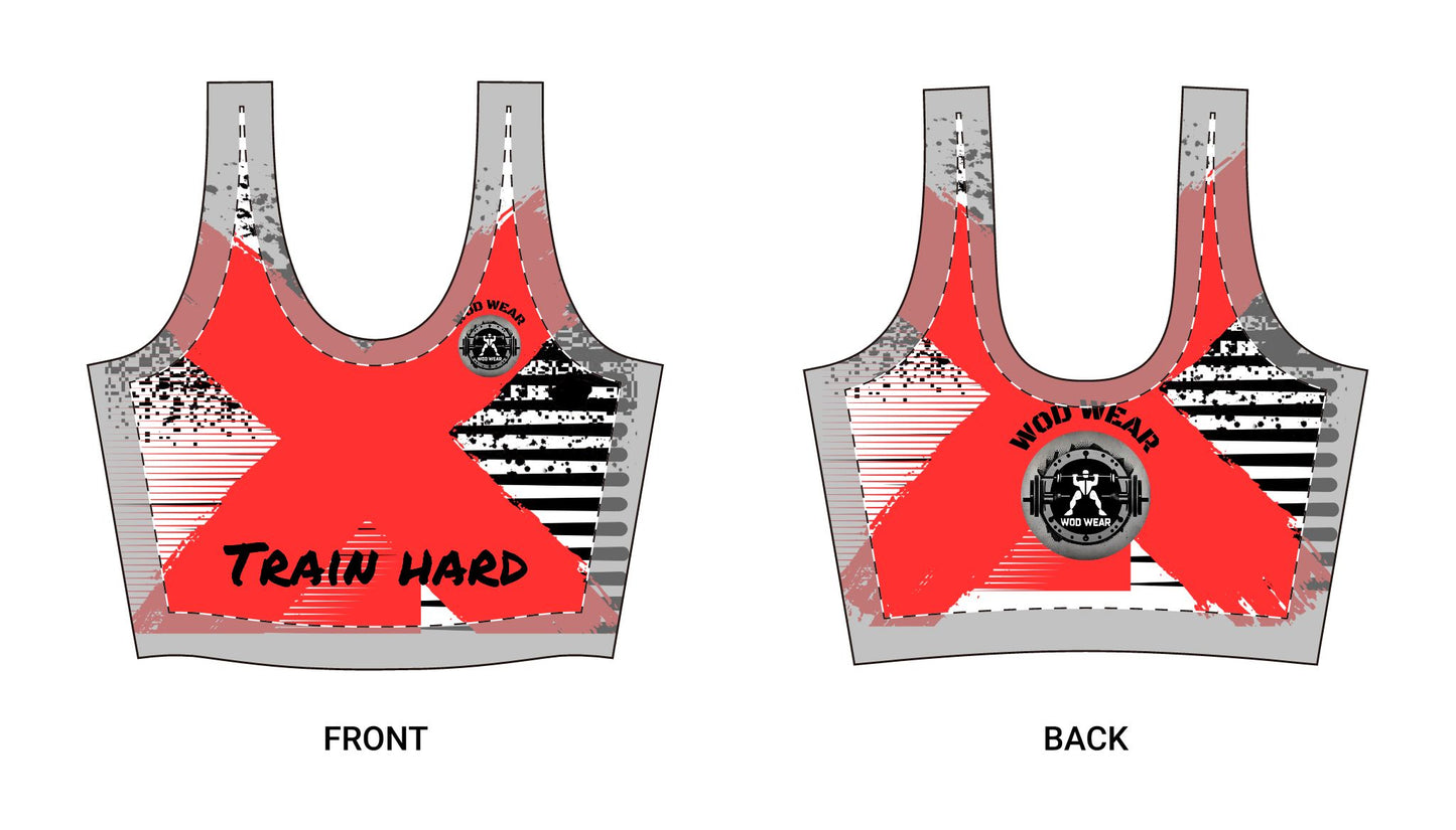 'Train Hard' Red Graffiti Sports Bra